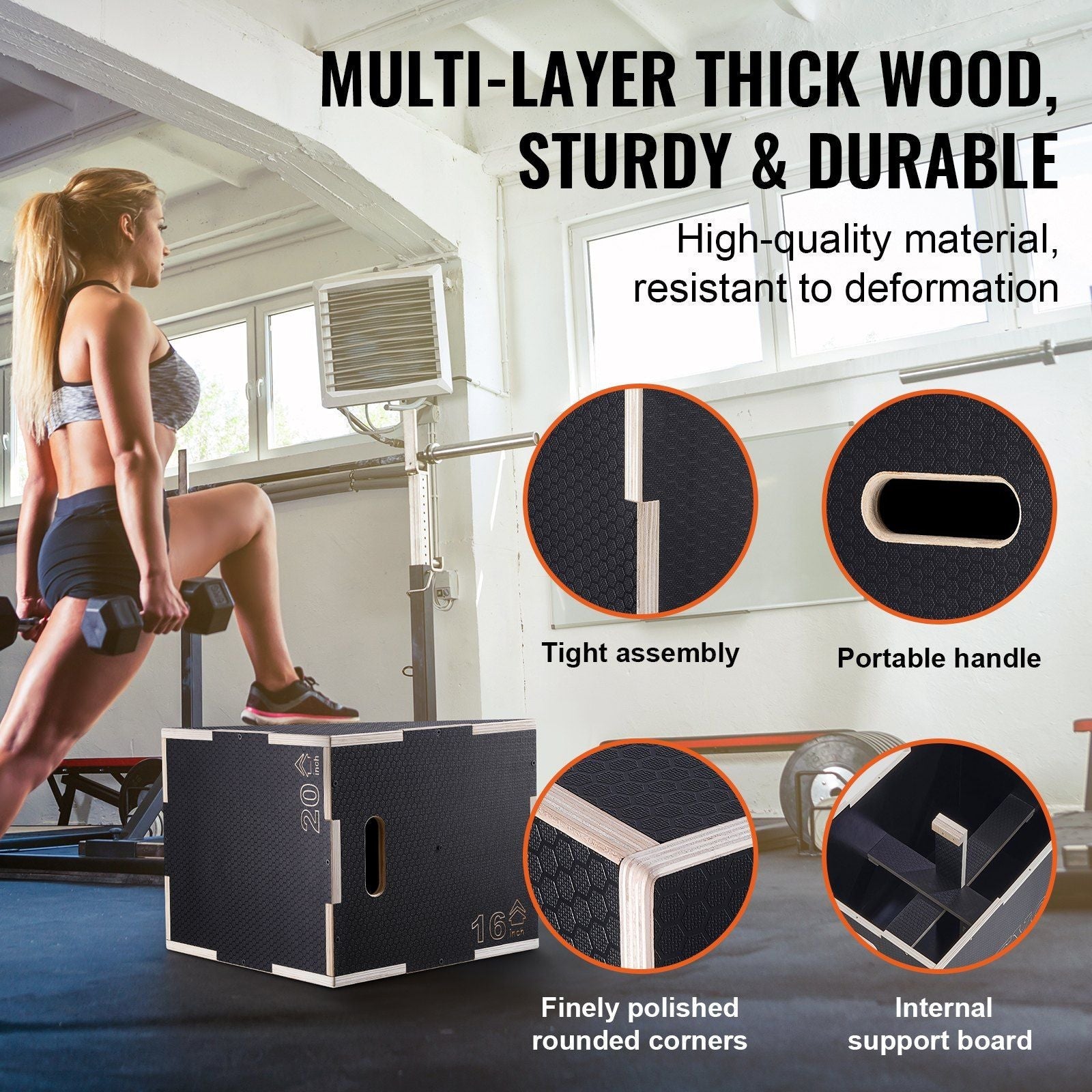 3 in 1 Plyometric Jump agility Box, 20/18/16 Inch Wooden Plyo Box, Platform & Jumping Agility Box